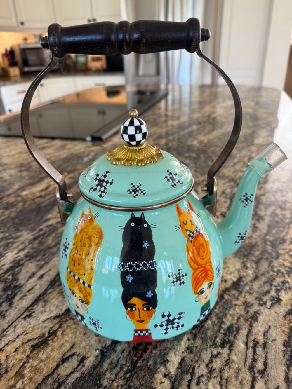 MacKenzie-Childs Mint Teapot with Whimsical Cat and Checkered Finial